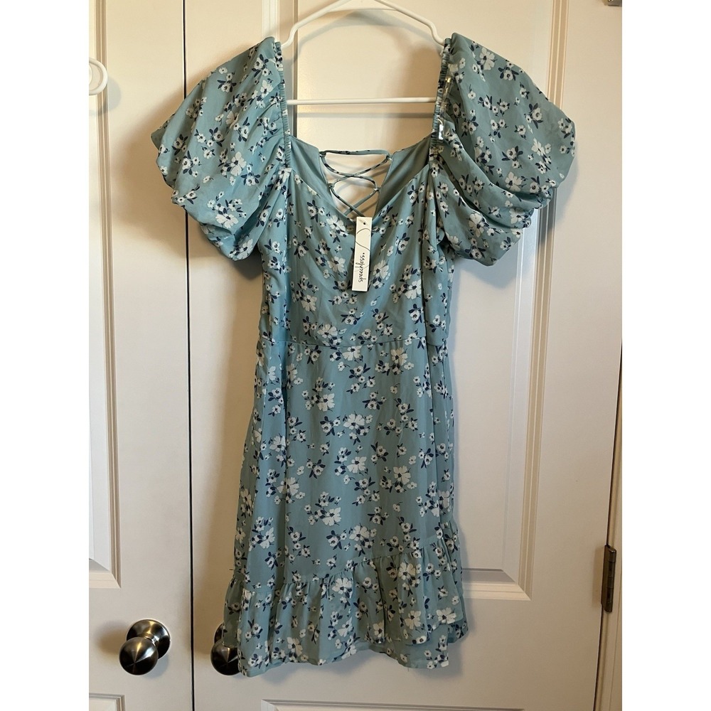 Speechless Mini Dress Women XS Blue NWT Floral Bubble Sleeve Ruffle Tie Back